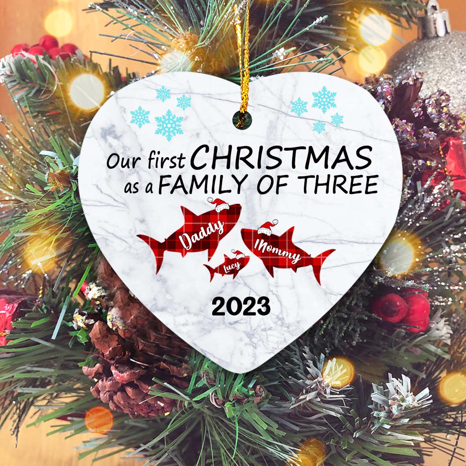 Our First Christmas As A Family Of Tree Version Shark Personalized Christmas Premium Ceramic Ornaments