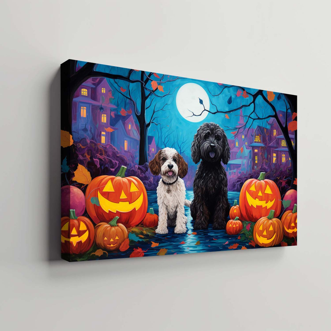 Portuguese Water Dog Halloween With Pumpkin Oil Painting Van Goh Style, Wooden Canvas Prints Wall Art Painting , Canvas 3d Art