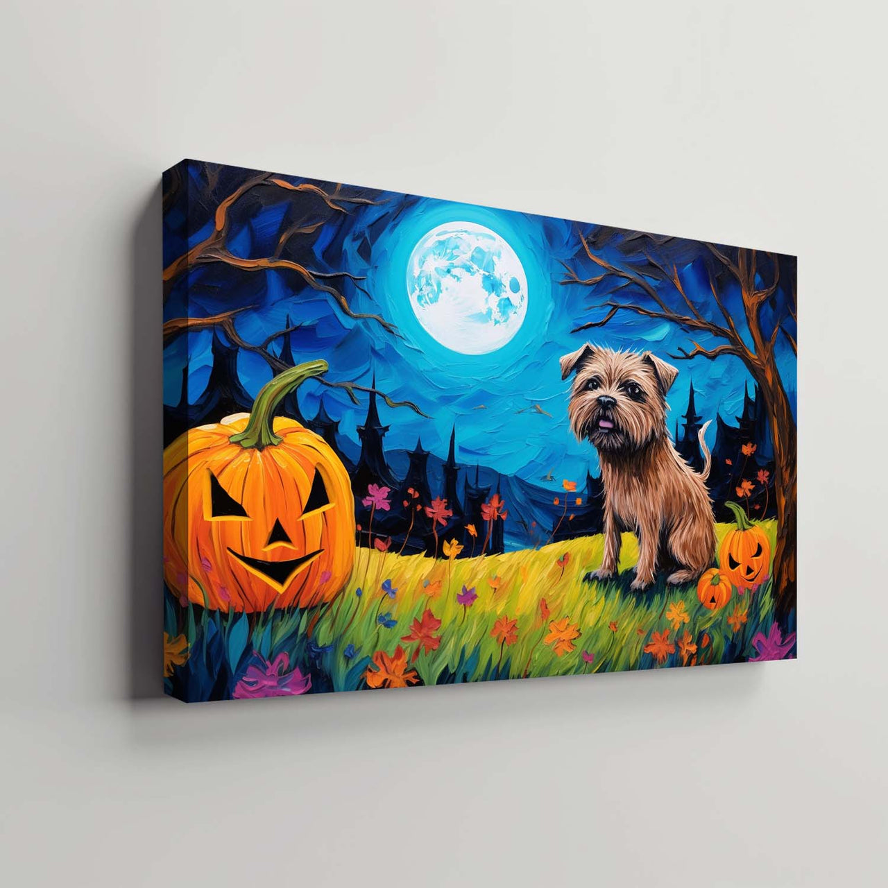 Border Terriers Dog Halloween With Pumpkin Oil Painting Van Goh Style, Wooden Canvas Prints Wall Art Painting , Canvas 3d Art