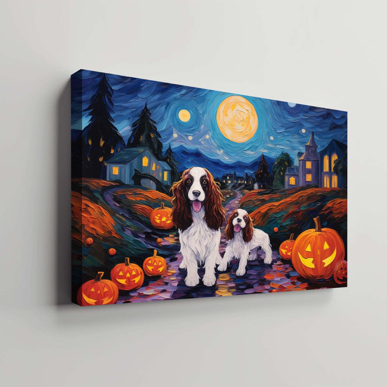 English Springer Spaniels Dog 02 Halloween With Pumpkin Oil Painting Van Goh Style, Wooden Canvas Prints Wall Art Painting , Canvas 3d Art