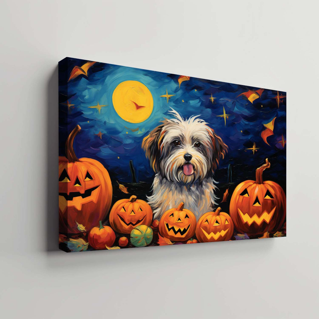 Havanese Dog 01 Halloween With Pumpkin Oil Painting Van Goh Style, Wooden Canvas Prints Wall Art Painting , Canvas 3d Art