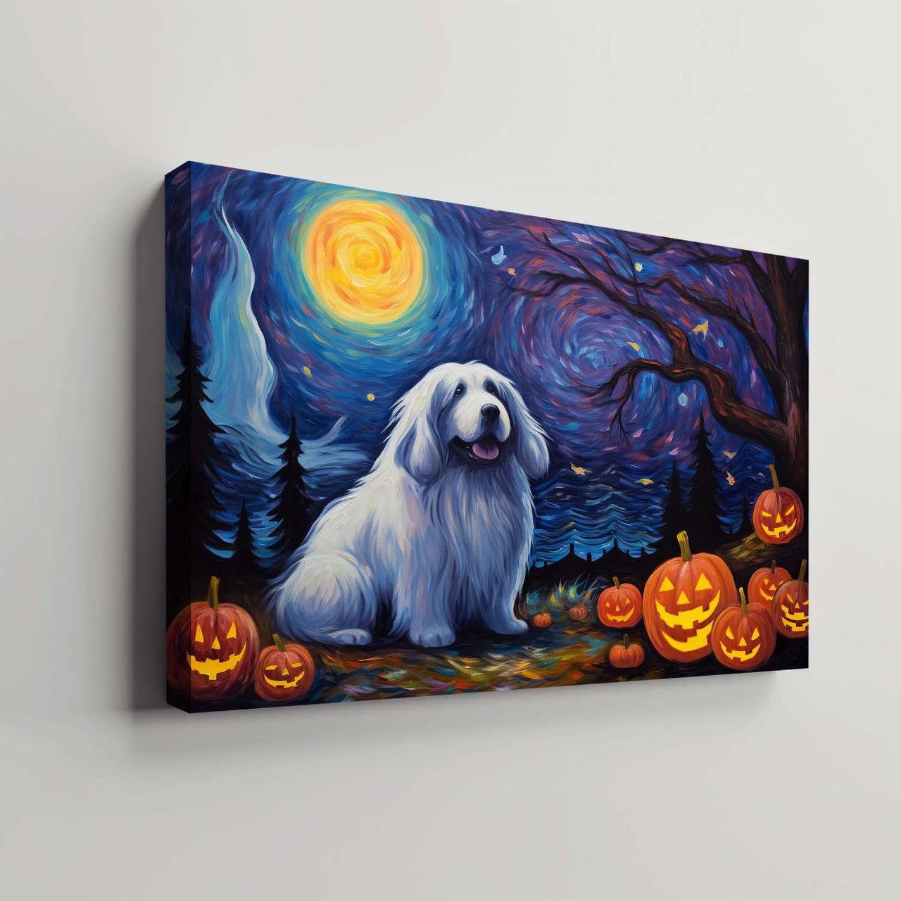 Newfoundland Dog Halloween With Pumpkin Oil Painting Van Goh Style, Wooden Canvas Prints Wall Art Painting , Canvas 3d Art