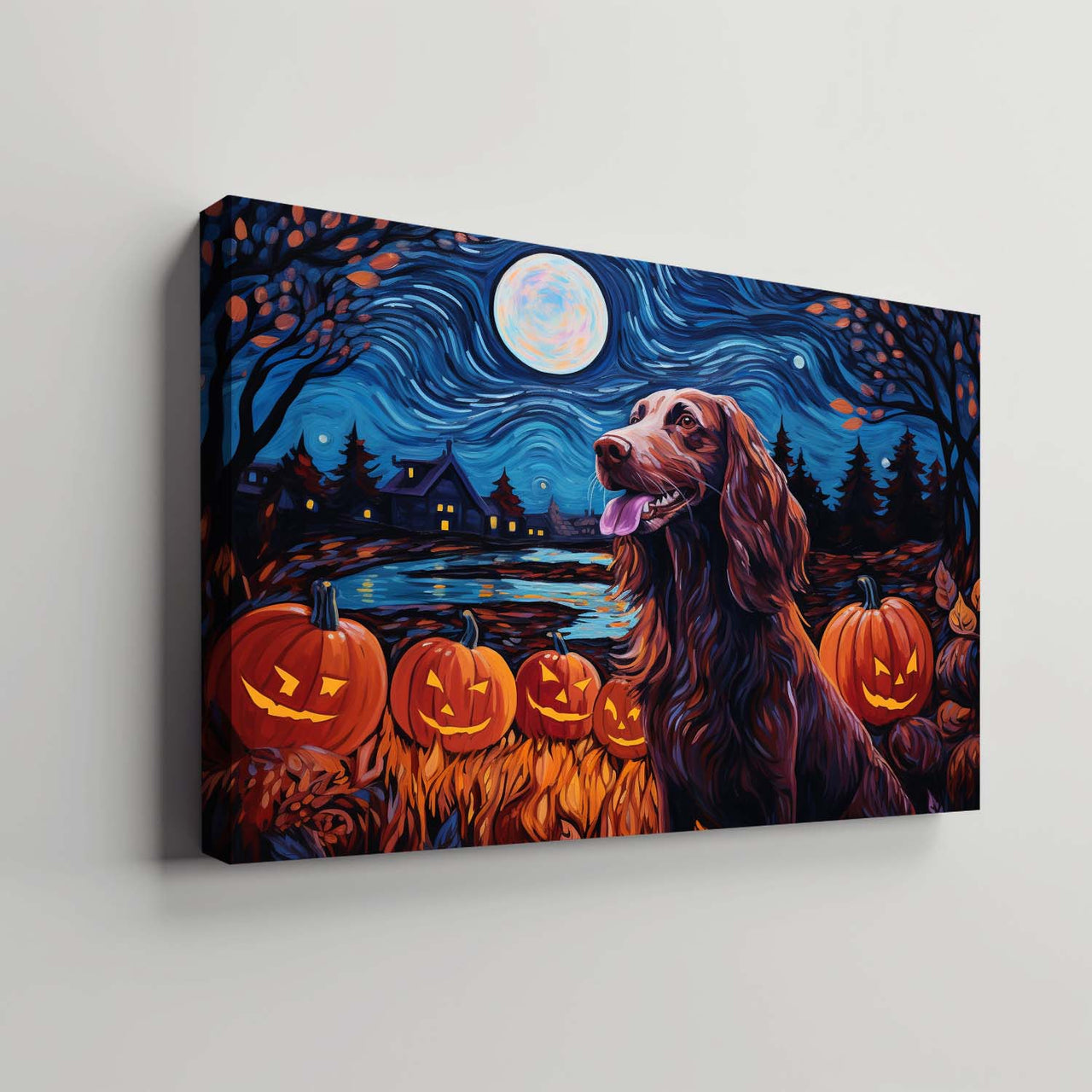 Irish Setters Dog 01 Halloween With Pumpkin Oil Painting Van Goh Style, Wooden Canvas Prints Wall Art Painting , Canvas 3d Art