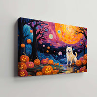 Thumbnail for Akita Dog 01 Halloween With Pumpkin Oil Painting Van Goh Style, Wooden Canvas Prints Wall Art Painting , Canvas 3d Art