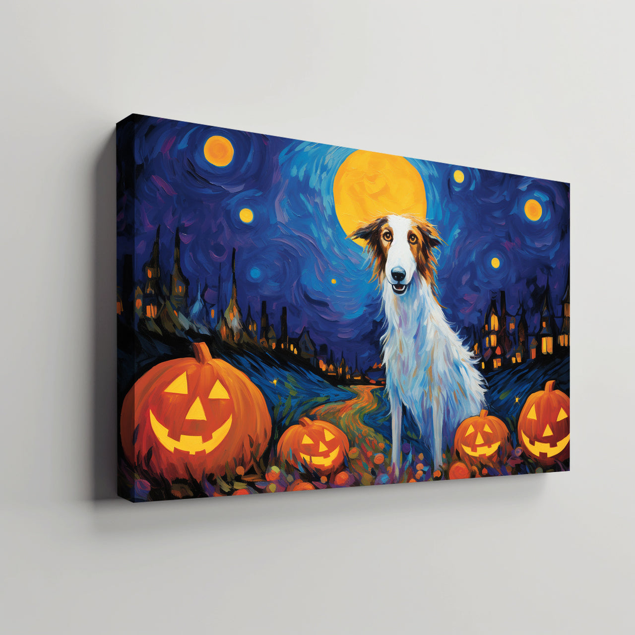 Borzois Dog Halloween With Pumpkin Oil Painting Van Goh Style, Wooden Canvas Prints Wall Art Painting , Canvas 3d Art