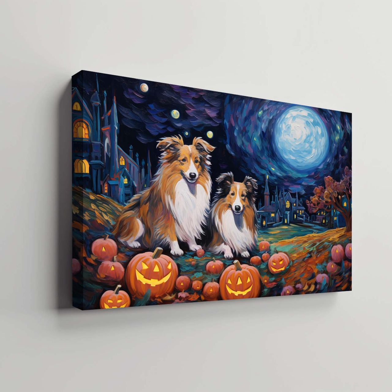 Shetland Sheepdogs Dog 03 Halloween With Pumpkin Oil Painting Van Goh Style, Wooden Canvas Prints Wall Art Painting , Canvas 3d Art