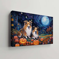 Thumbnail for Shetland Sheepdogs Dog 03 Halloween With Pumpkin Oil Painting Van Goh Style, Wooden Canvas Prints Wall Art Painting , Canvas 3d Art