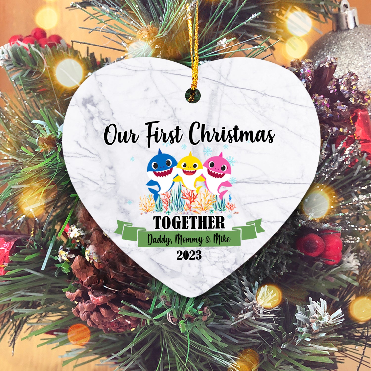 Our First Christmas Together With Family Cute Animals Version Shark Personalized Christmas Premium Ceramic Ornaments