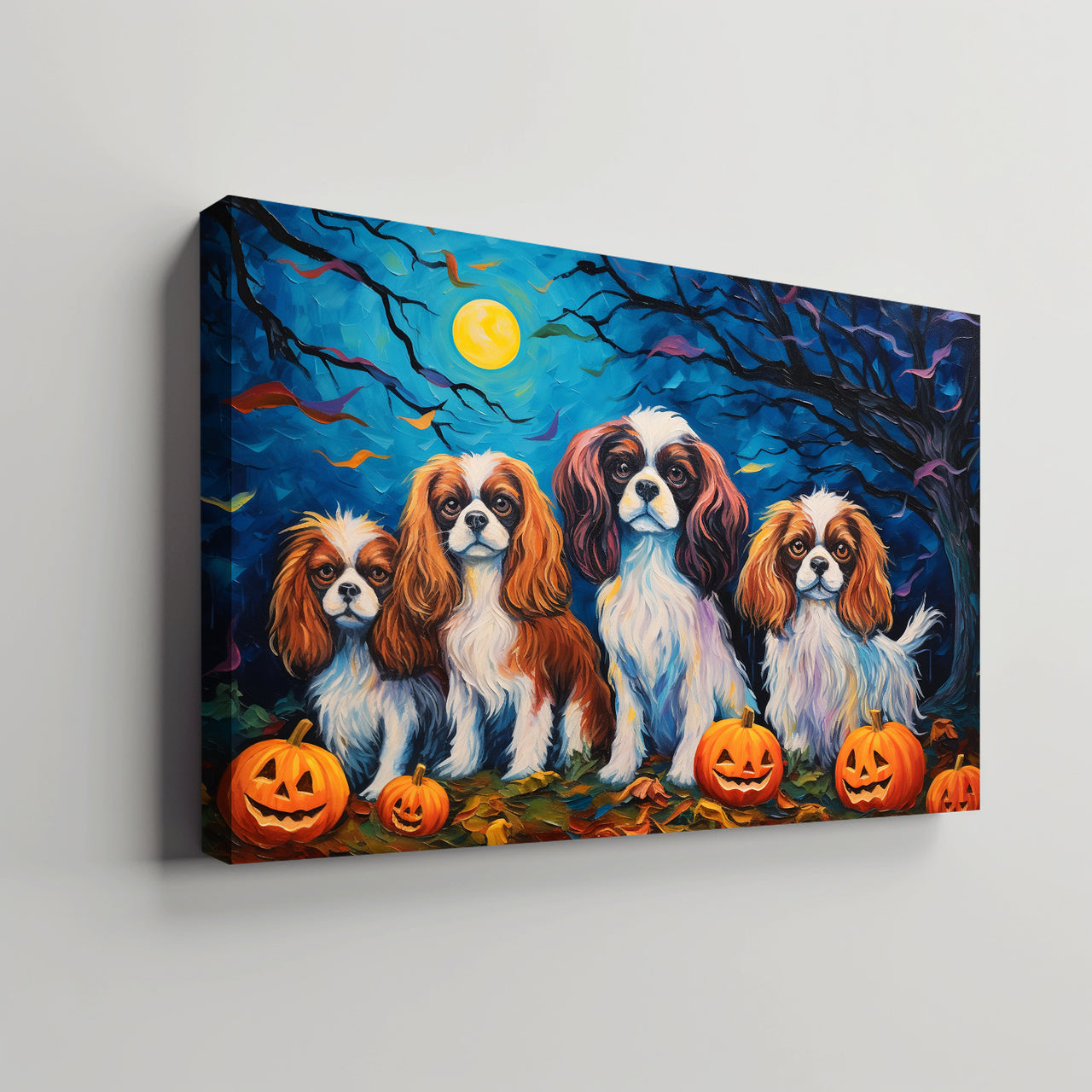 Cavalier King Charles Spaniels Halloween With Pumpkin Oil Painting Van Goh Style, Wooden Canvas Prints Wall Art Painting , Canvas 3d Art