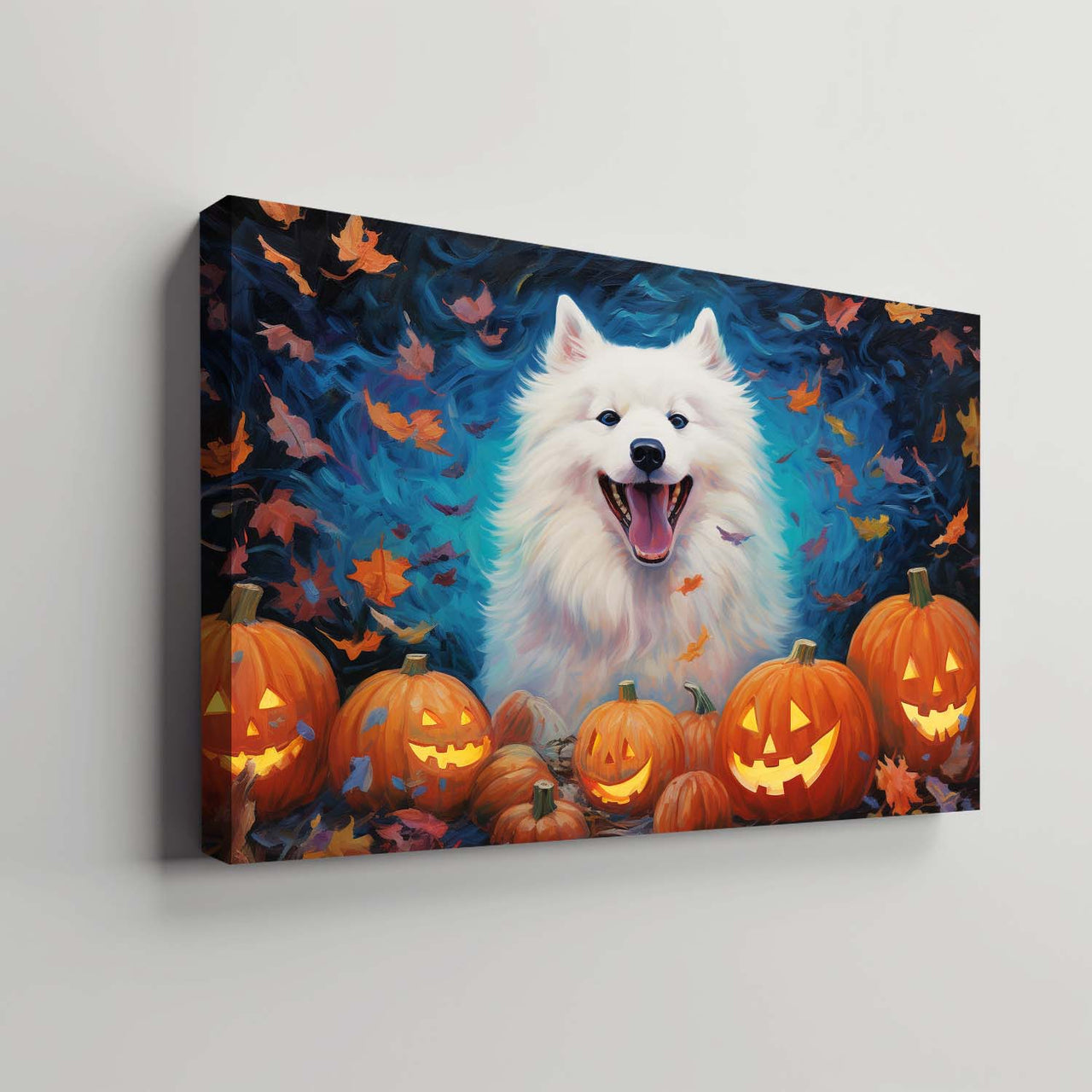 Samoyeds Dog 02 Halloween With Pumpkin Oil Painting Van Goh Style, Wooden Canvas Prints Wall Art Painting , Canvas 3d Art