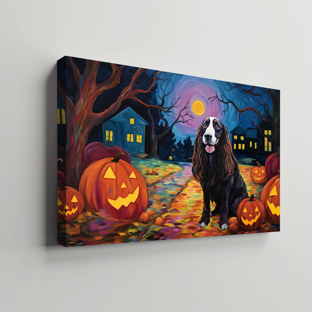 Gordon Setters Dog 02 Halloween With Pumpkin Oil Painting Van Goh Style, Wooden Canvas Prints Wall Art Painting , Canvas 3d Art