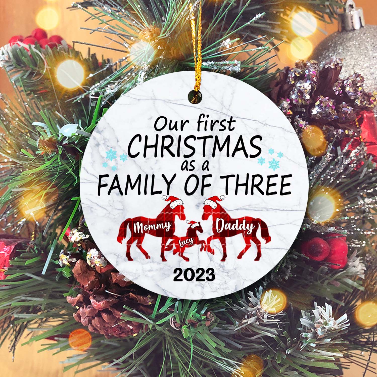 Our First Christmas As A Family Of Tree Version Horse Personalized Christmas Premium Ceramic Ornaments