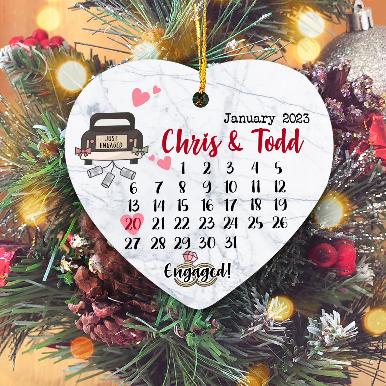 Calendar Couple Engaged Personalized Custom Name Christmas Premium Ceramic Ornaments Sets