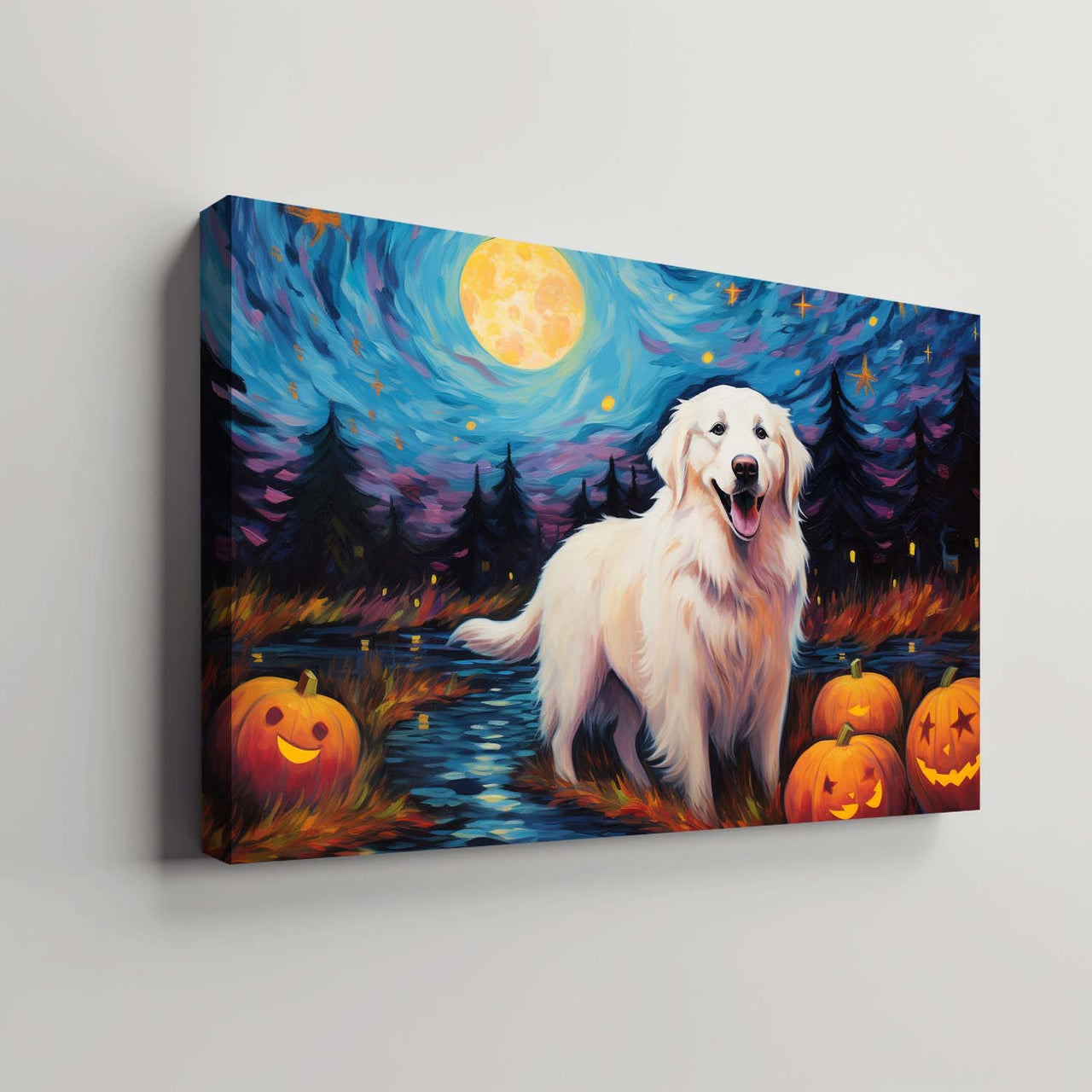 Great Pyrenees Dog 01 Halloween With Pumpkin Oil Painting Van Goh Style, Wooden Canvas Prints Wall Art Painting , Canvas 3d Art