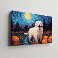 Thumbnail for Great Pyrenees Dog 01 Halloween With Pumpkin Oil Painting Van Goh Style, Wooden Canvas Prints Wall Art Painting , Canvas 3d Art