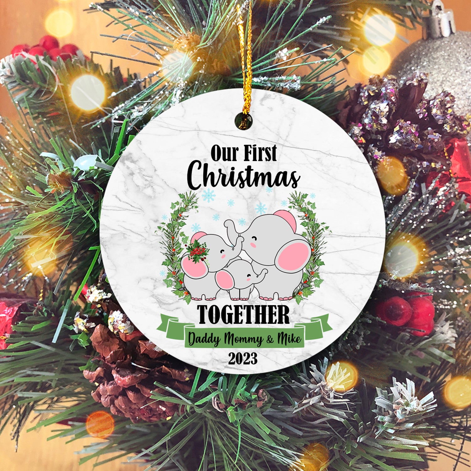 Our First Christmas Together With Family Cute Animals Version Elephant Personalized Christmas Premium Ceramic Ornaments