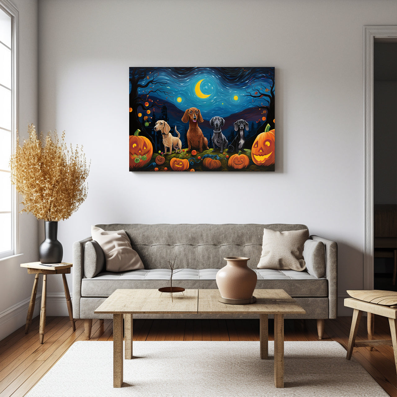 Dachshunds Dogs Halloween With Pumpkin Oil Painting Van Goh Style, Wooden Canvas Prints Wall Art Painting , Canvas 3d Art
