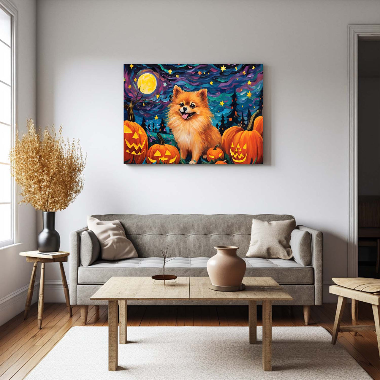 Pomeranians Dog 01 Halloween With Pumpkin Oil Painting Van Goh Style, Wooden Canvas Prints Wall Art Painting , Canvas 3d Art