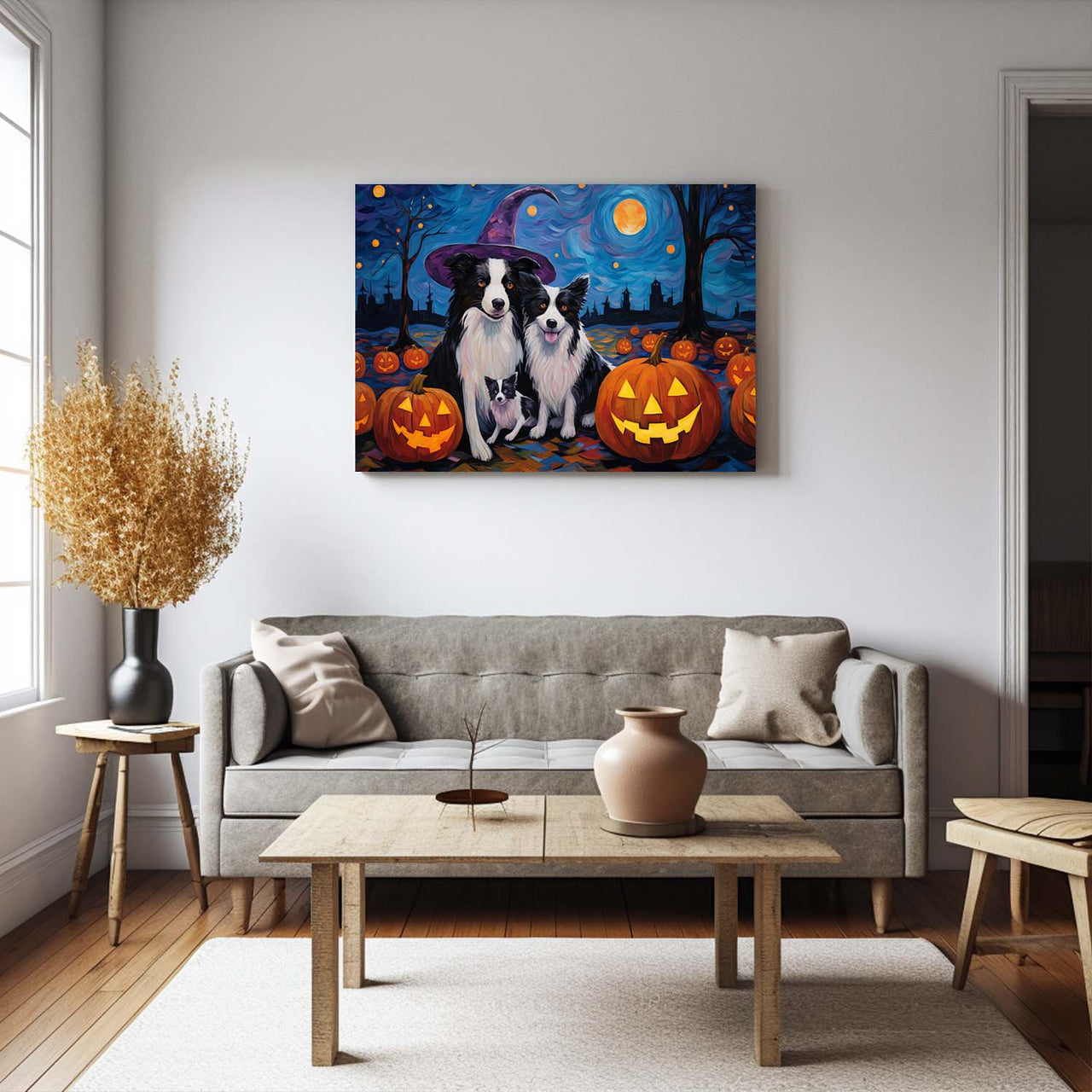 Border Collies Dog 02 Halloween With Pumpkin Oil Painting Van Goh Style, Wooden Canvas Prints Wall Art Painting , Canvas 3d Art