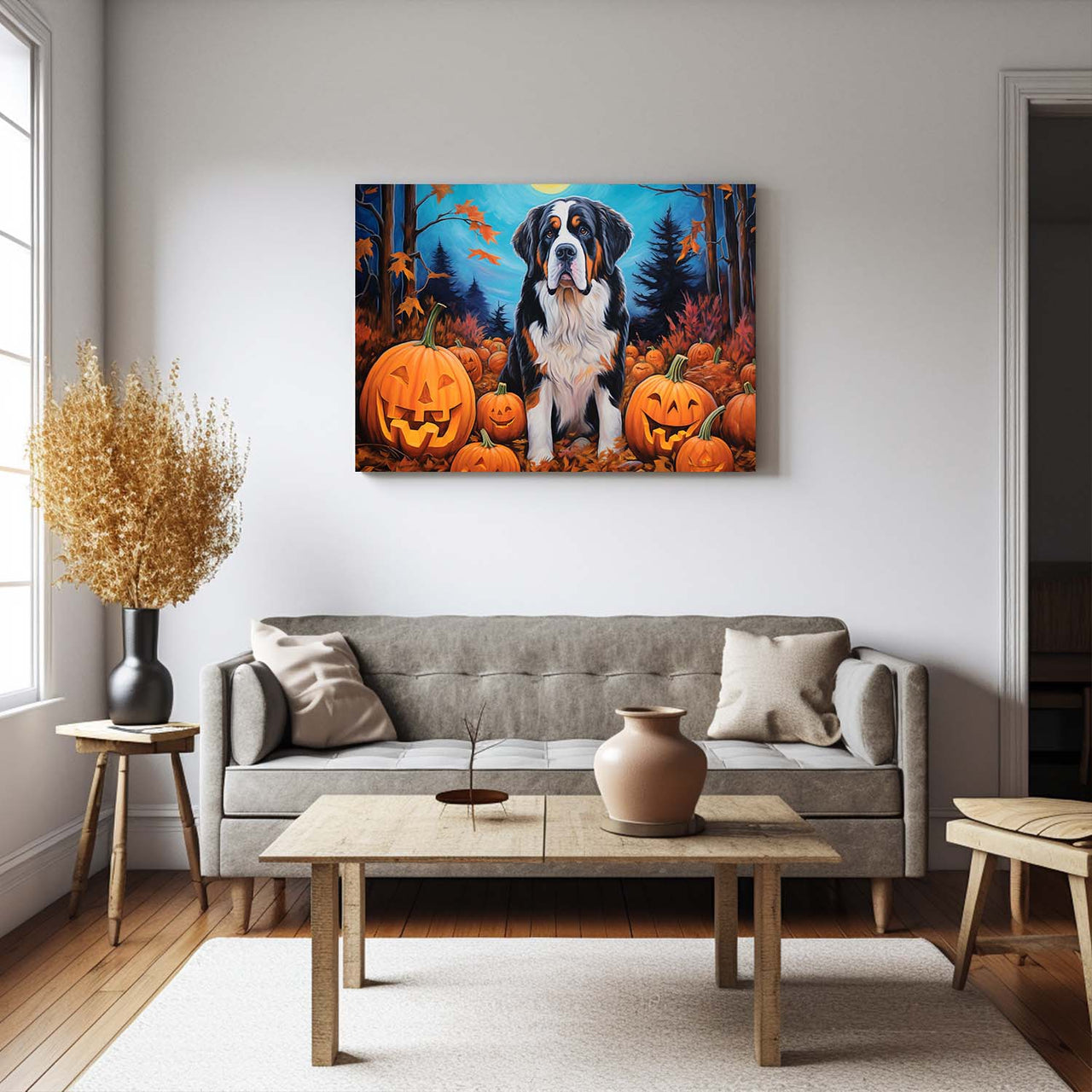 St. Bernards Dog 01 Halloween With Pumpkin Oil Painting Van Goh Style, Wooden Canvas Prints Wall Art Painting , Canvas 3d Art