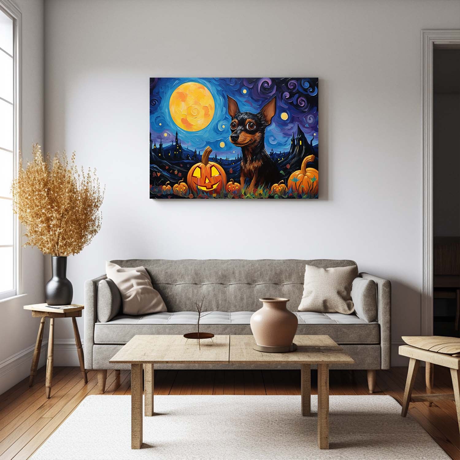 Miniature Pinschers Dog 02 Halloween With Pumpkin Oil Painting Van Goh Style, Wooden Canvas Prints Wall Art Painting , Canvas 3d Art