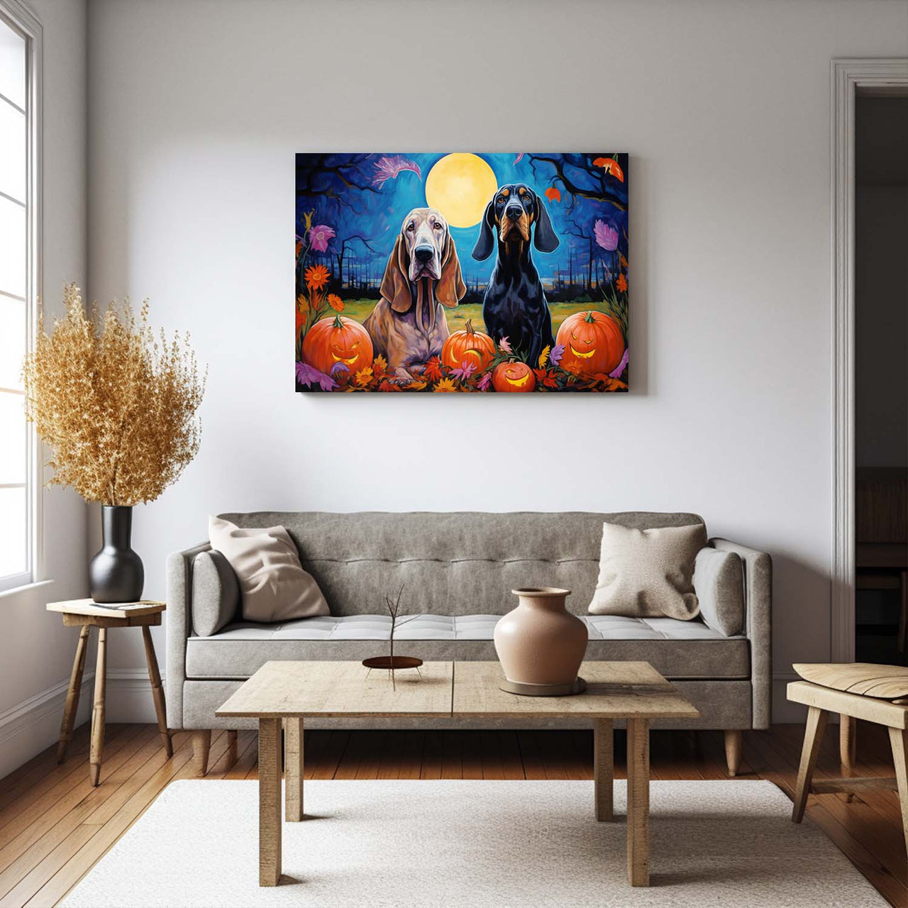 Bloodhound Dog Halloween With Pumpkin Oil Painting Van Goh Style, Wooden Canvas Prints Wall Art Painting , Canvas 3d Art