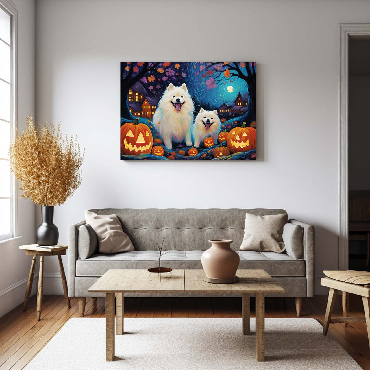 Samoyeds Dog 01 Halloween With Pumpkin Oil Painting Van Goh Style, Wooden Canvas Prints Wall Art Painting , Canvas 3d Art