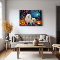 Thumbnail for Samoyeds Dog 01 Halloween With Pumpkin Oil Painting Van Goh Style, Wooden Canvas Prints Wall Art Painting , Canvas 3d Art
