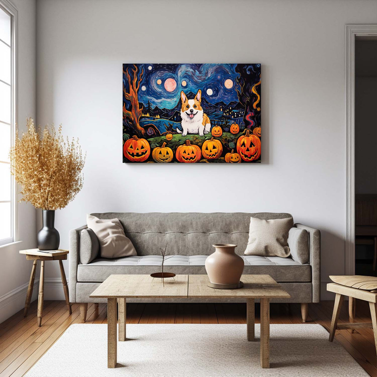 Cardigan Welsh Corgis Dog 01 Halloween With Pumpkin Oil Painting Van Goh Style, Wooden Canvas Prints Wall Art Painting , Canvas 3d Art