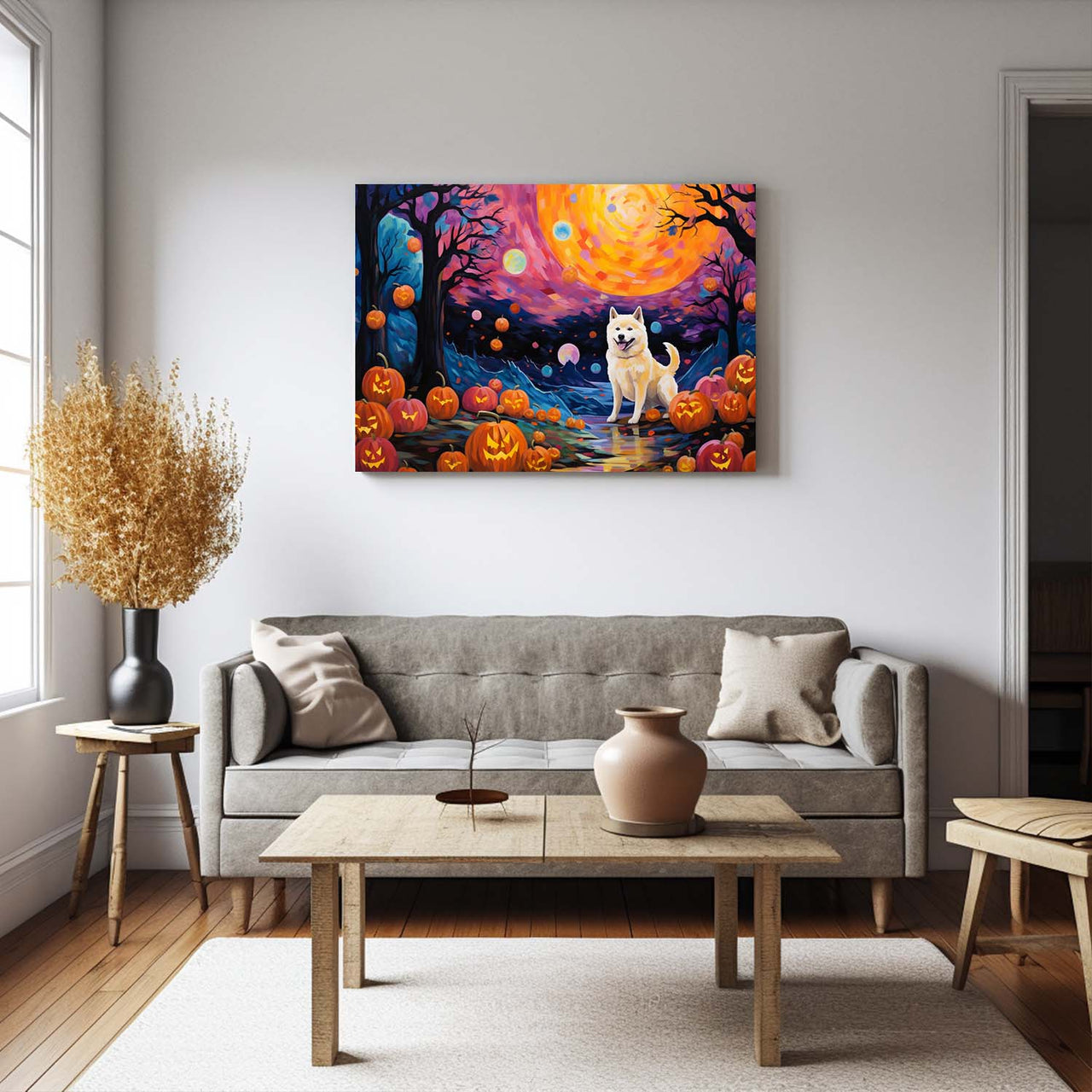 Akita Dog 01 Halloween With Pumpkin Oil Painting Van Goh Style, Wooden Canvas Prints Wall Art Painting , Canvas 3d Art