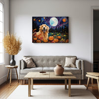 Thumbnail for Golden Retrievers Dog 01 Halloween With Pumpkin Oil Painting Van Goh Style, Wooden Canvas Prints Wall Art Painting , Canvas 3d Art