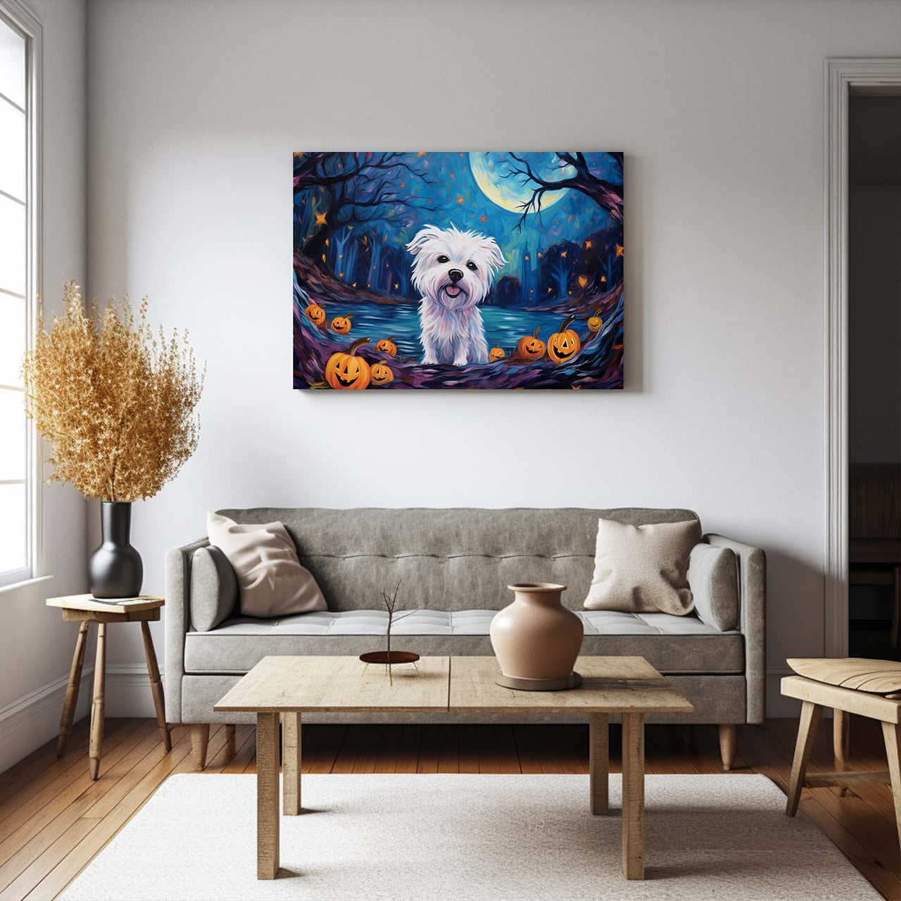 Maltese Dog 02 Halloween With Pumpkin Oil Painting Van Goh Style, Wooden Canvas Prints Wall Art Painting , Canvas 3d Art