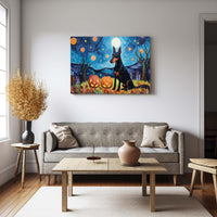 Thumbnail for Doberman Pinschers Dog 01 Halloween With Pumpkin Oil Painting Van Goh Style, Wooden Canvas Prints Wall Art Painting , Canvas 3d Art