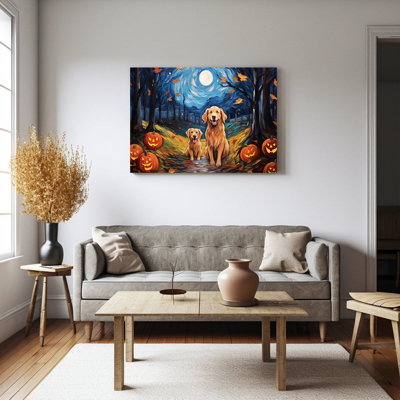 Golden Retrievers Dog 02 Halloween With Pumpkin Oil Painting Van Goh Style, Wooden Canvas Prints Wall Art Painting , Canvas 3d Art