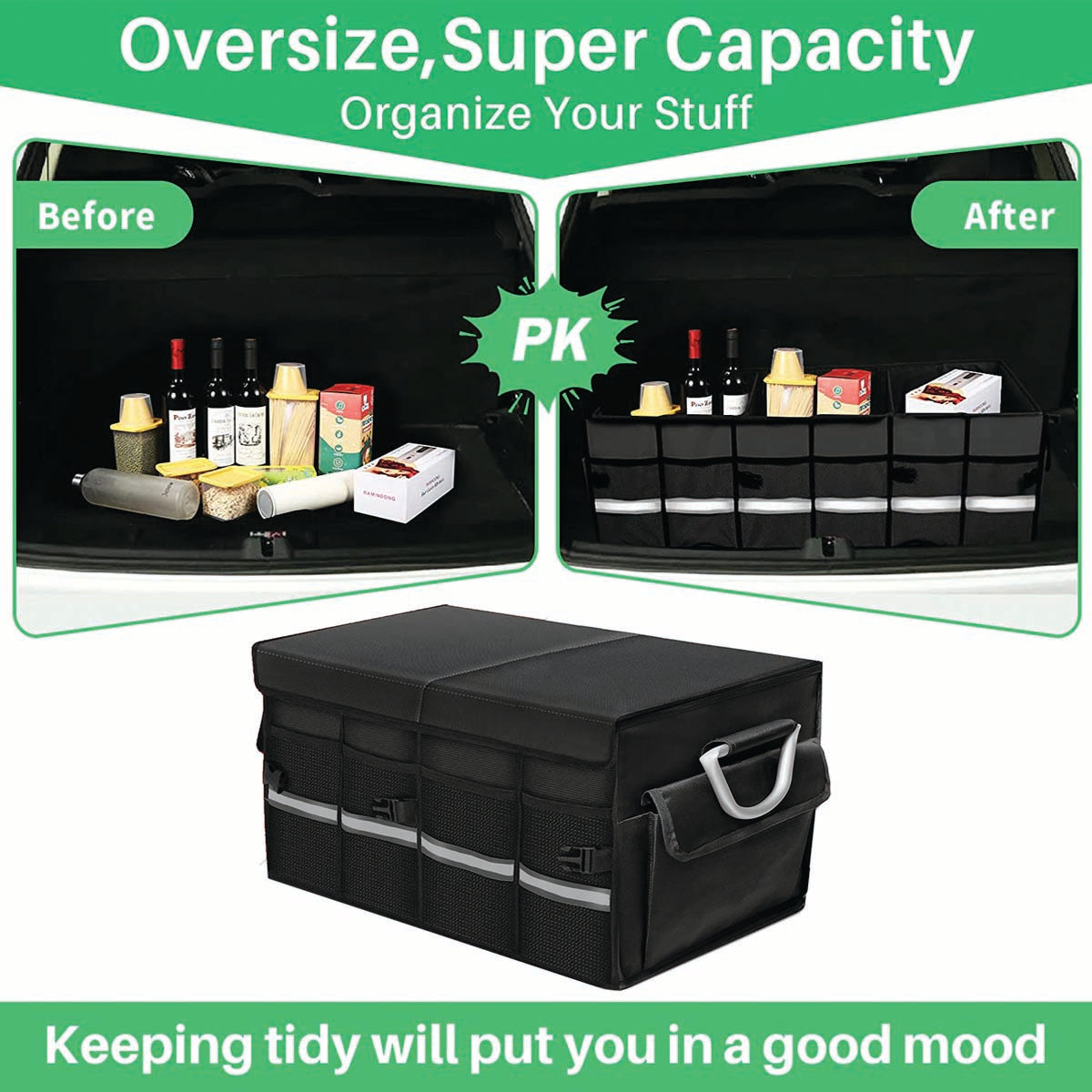Big Trunk Organizer, Cargo Organizer SUV Trunk Storage Waterproof Collapsible Durable Multi Compartments HY12994