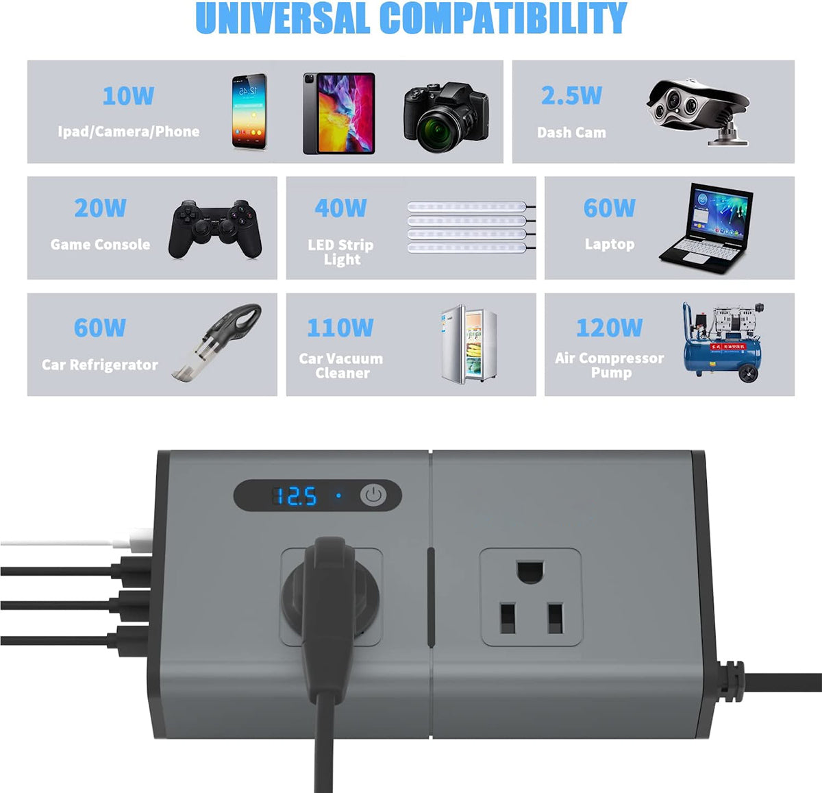 200W Car Power Inverter Newly Car Plug Adapter Outlet Charger DC 12V to 110V Car Inverter with 1.2A&2.4A USB, 1 QC3.0 USB and 1 Type C Ports