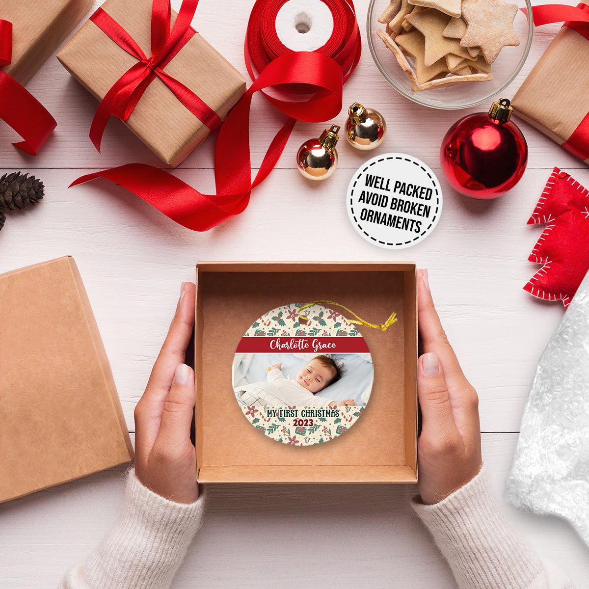 Family Baby Christmas Personalized Custom Photo Christmas Premium Ceramic Ornaments Gift For Family