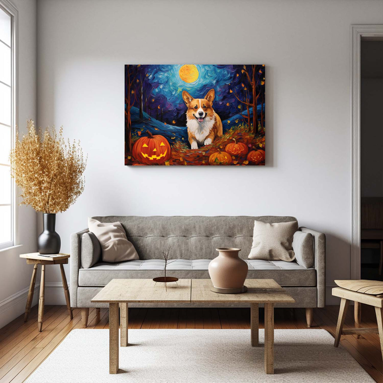 Corgi Dog 01 Halloween With Pumpkin Oil Painting Van Goh Style, Wooden Canvas Prints Wall Art Painting , Canvas 3d Art