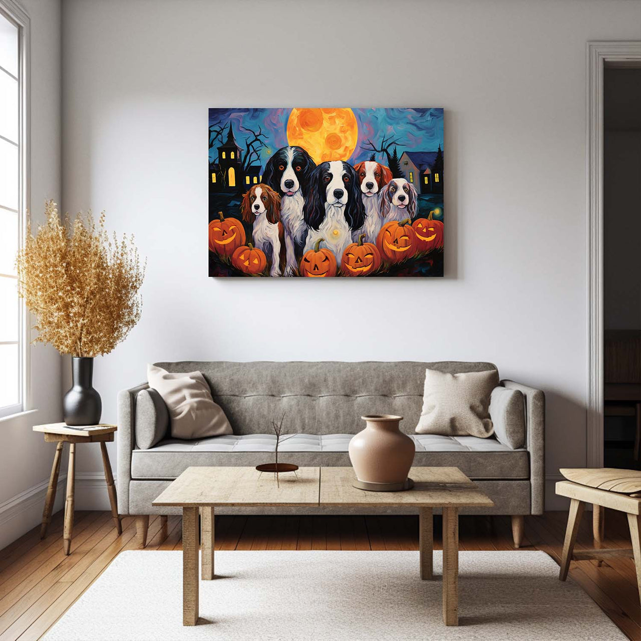 English Springer Spaniels Dog 01 Halloween With Pumpkin Oil Painting Van Goh Style, Wooden Canvas Prints Wall Art Painting , Canvas 3d Art