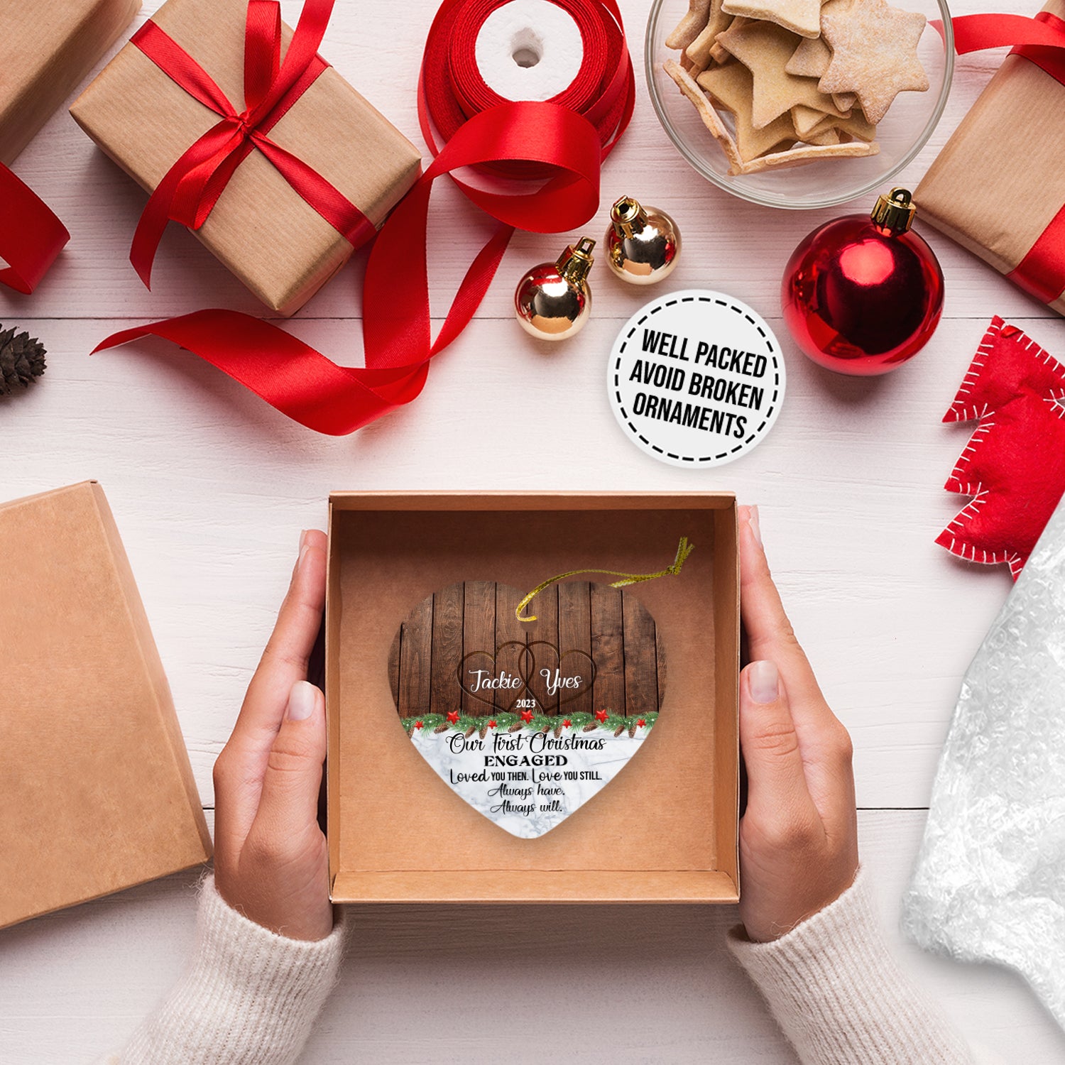 Our First Christmas Engaged Love You Then Personalized Christmas Premium Ceramic Ornaments