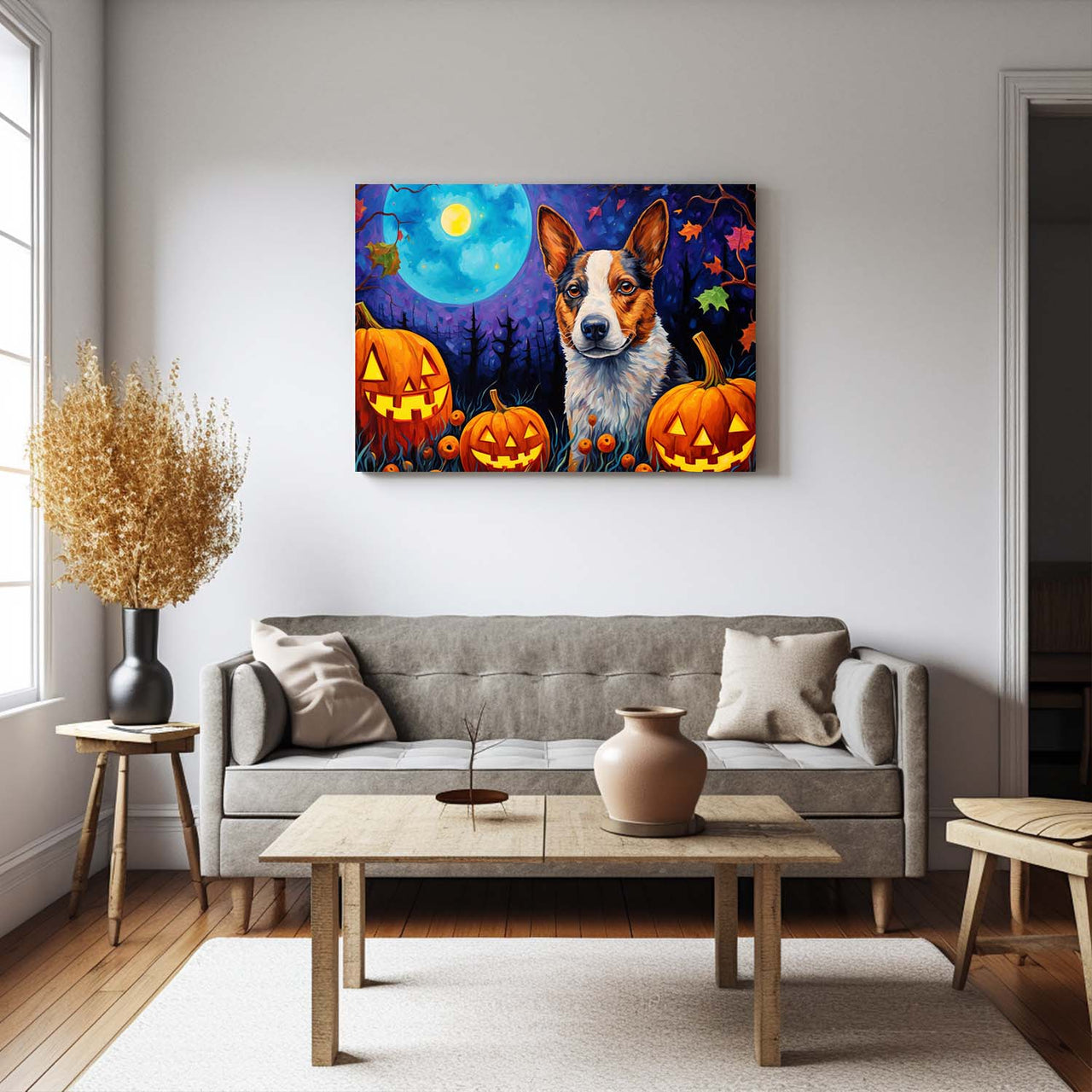 Australian Cattle Dog 01 Halloween With Pumpkin Oil Painting Van Goh Style, Wooden Canvas Prints Wall Art Painting , Canvas 3d Art