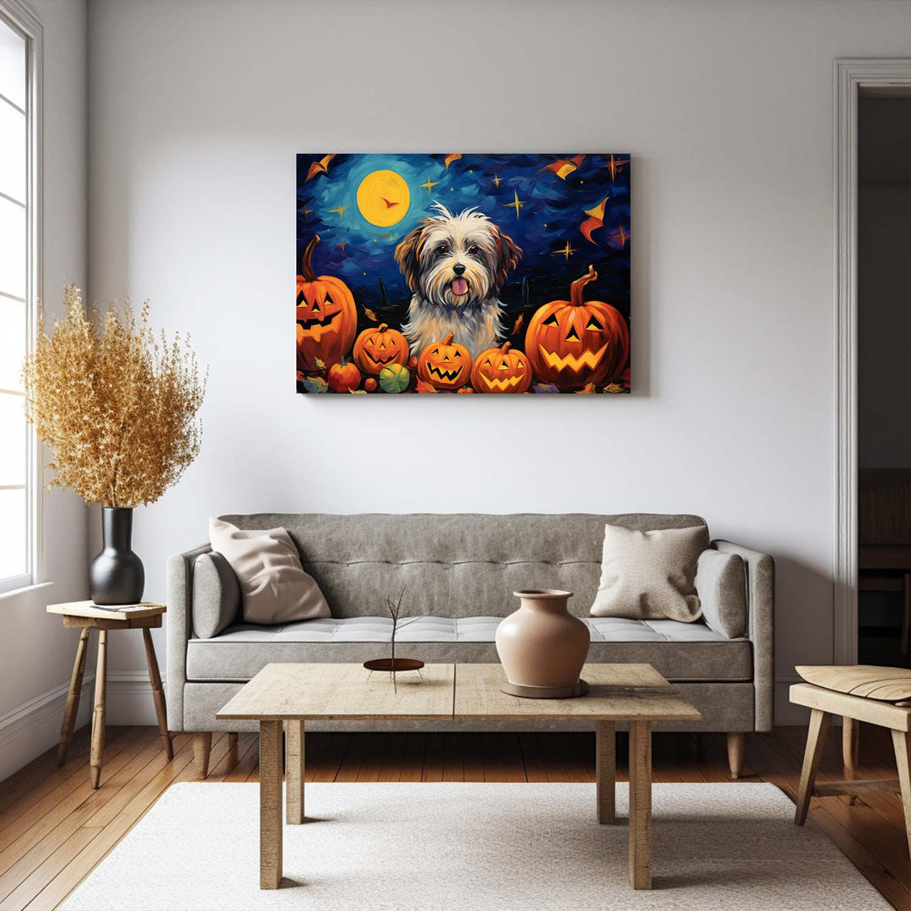 Havanese Dog 01 Halloween With Pumpkin Oil Painting Van Goh Style, Wooden Canvas Prints Wall Art Painting , Canvas 3d Art