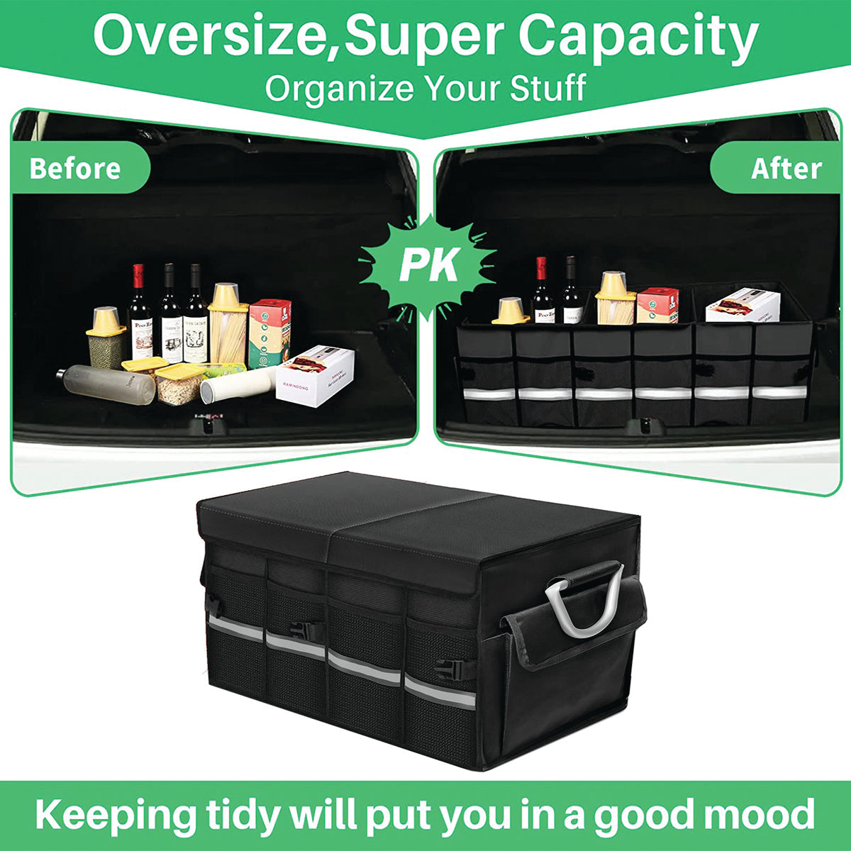 Big Trunk Organizer, Custom-Fit For Car, Cargo Organizer SUV Trunk Storage Waterproof Collapsible Durable Multi Compartments WaCA253