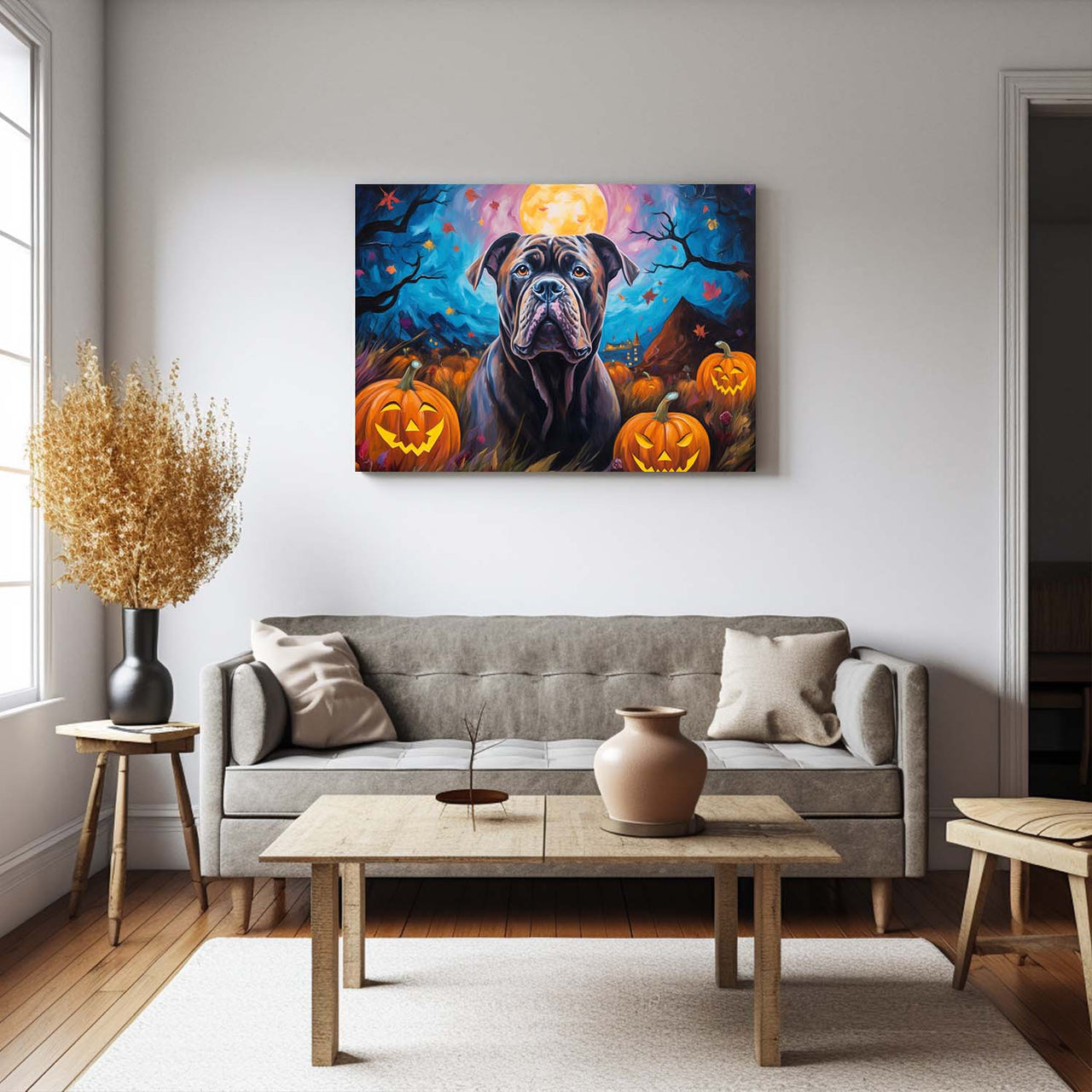 Cane Corso Dog 02 Halloween With Pumpkin Oil Painting Van Goh Style, Wooden Canvas Prints Wall Art Painting , Canvas 3d Art