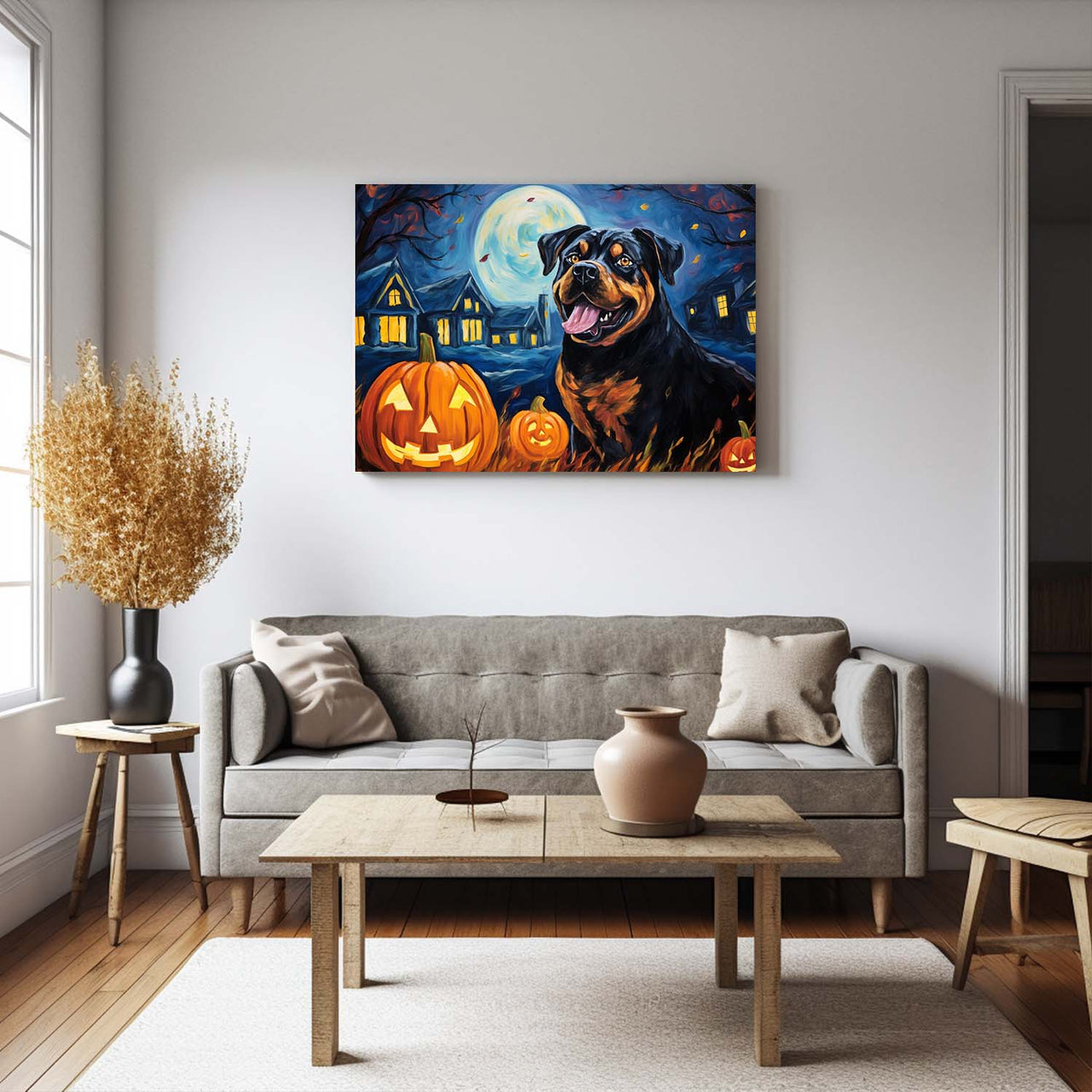 Rottweiler Dog 01 Halloween With Pumpkin Oil Painting Van Goh Style, Wooden Canvas Prints Wall Art Painting , Canvas 3d Art