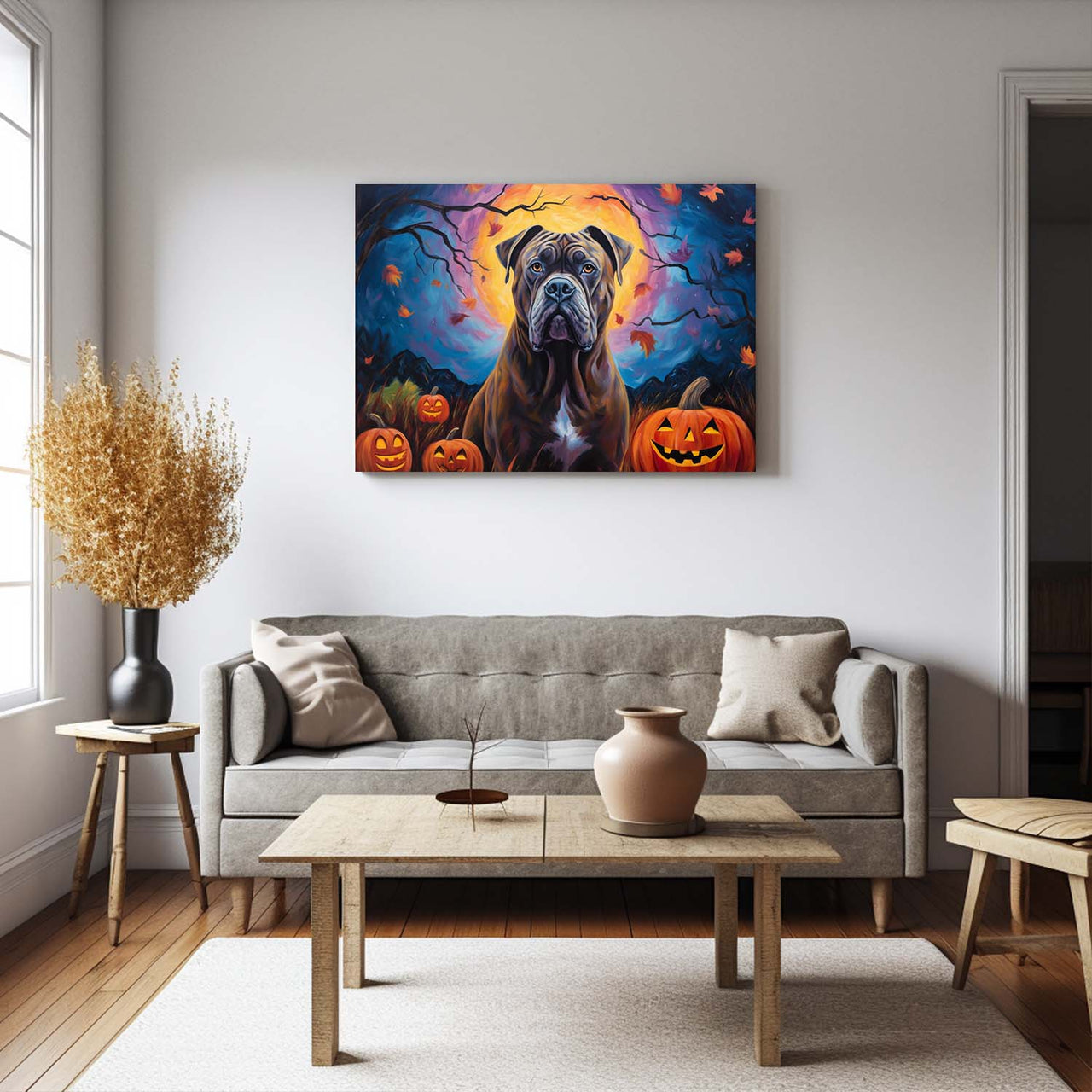 Cane Corso Dog 03 Halloween With Pumpkin Oil Painting Van Goh Style, Wooden Canvas Prints Wall Art Painting , Canvas 3d Art