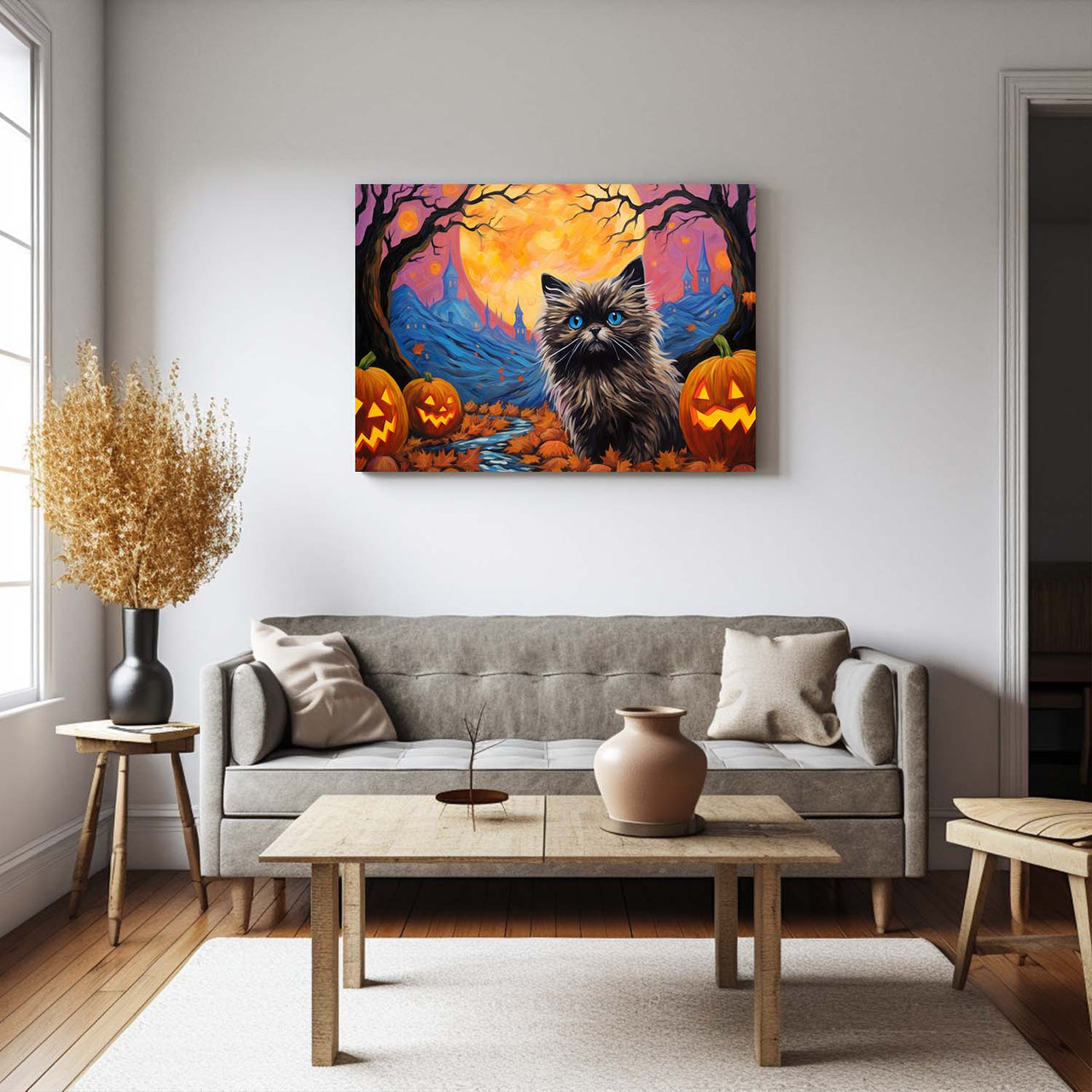 Keeshonden Dog 01 Halloween With Pumpkin Oil Painting Van Goh Style, Wooden Canvas Prints Wall Art Painting , Canvas 3d Art