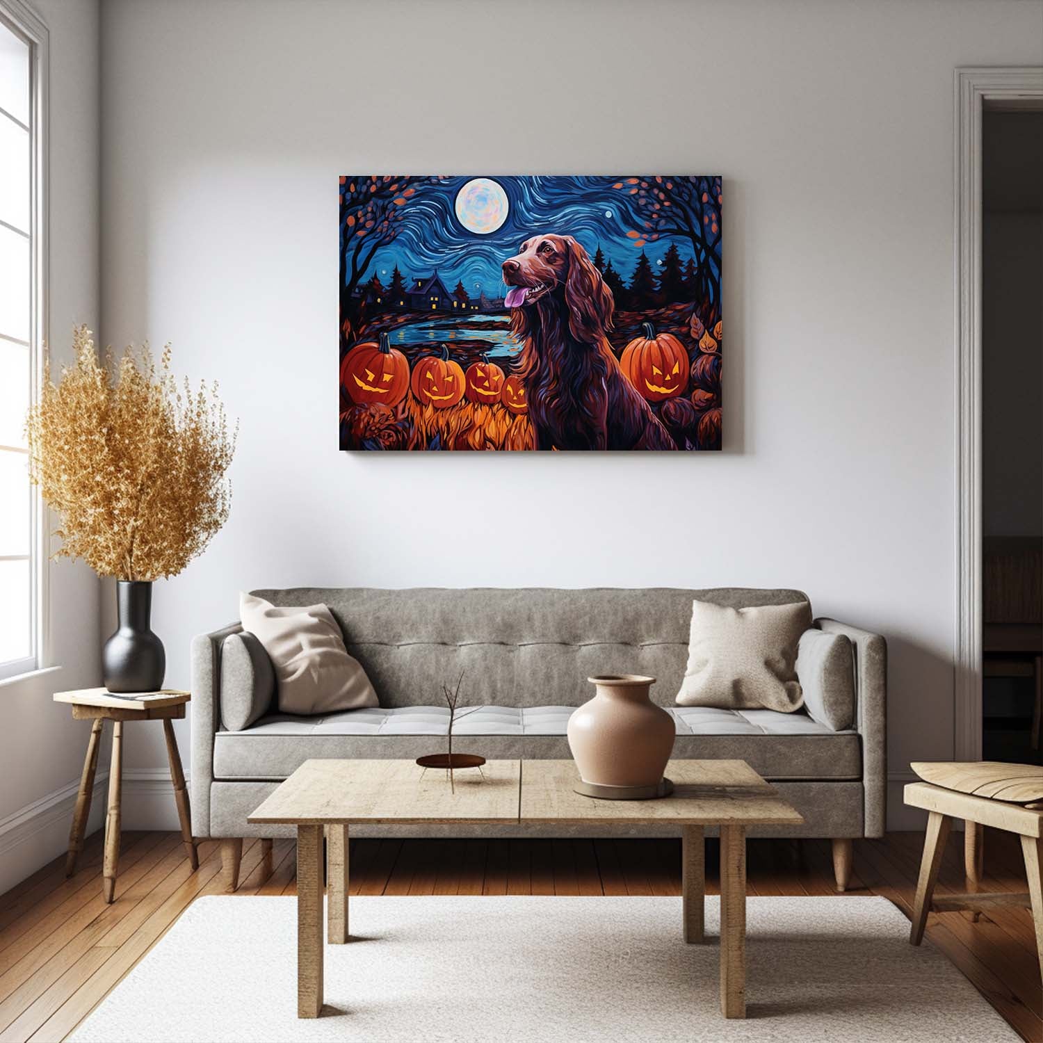 Irish Setters Dog 01 Halloween With Pumpkin Oil Painting Van Goh Style, Wooden Canvas Prints Wall Art Painting , Canvas 3d Art