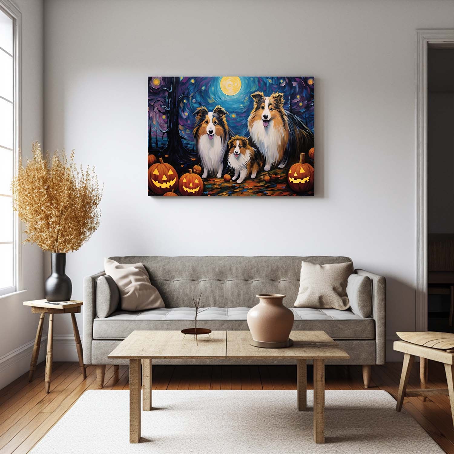 Shetland Sheepdogs Dog 01 Halloween With Pumpkin Oil Painting Van Goh Style, Wooden Canvas Prints Wall Art Painting , Canvas 3d Art
