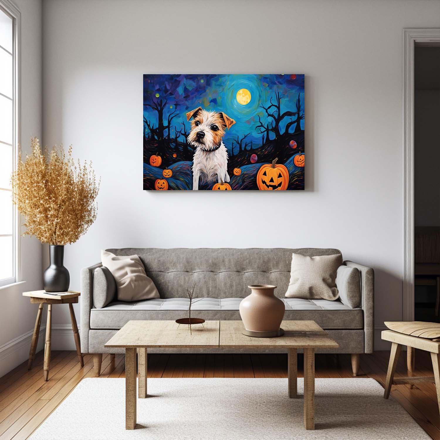 Russell Terriers Dog Halloween With Pumpkin Oil Painting Van Goh Style, Wooden Canvas Prints Wall Art Painting , Canvas 3d Art